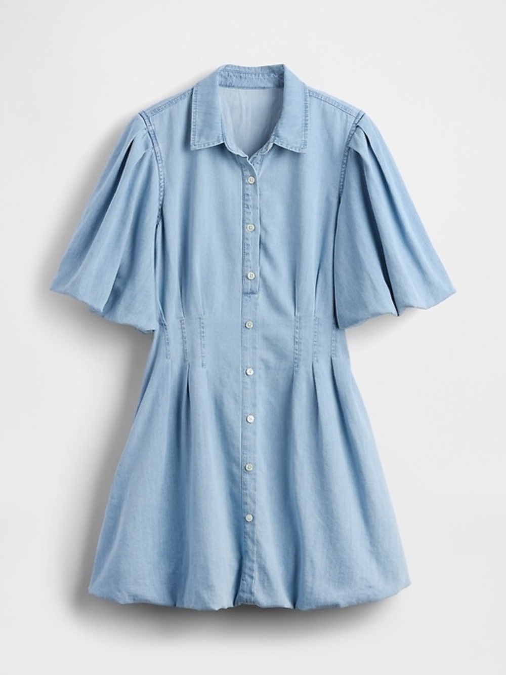NWT GAP Size L Bubble Hem Puff Sleeve Mini Denim Shirt Dress - Light Indigo